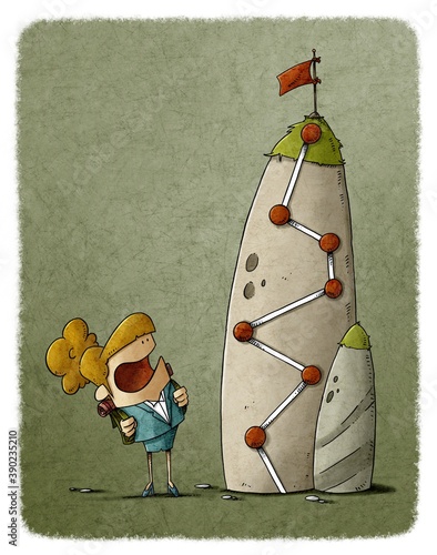 A businesswoman with a backpack is looking at a high mountain with a flag on ...