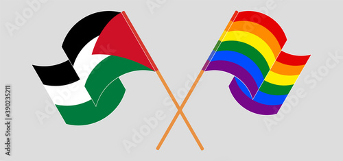Crossed and waving flags of Palestine and LGBTQ