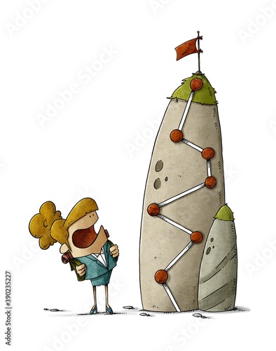 A businesswoman with a backpack is looking at a high mountain with a flag on ...