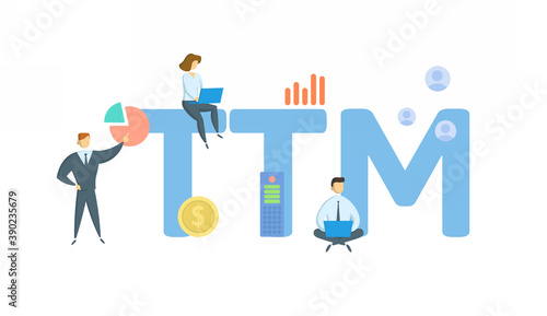 TTM, Trailing 12 Months. Concept with keyword, people and icons. Flat vector illustration. Isolated on white background.