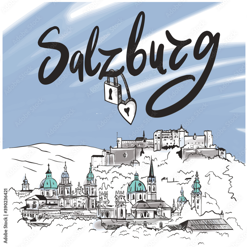 Salzburg Fortress sketch. Salzburg hand drawn illustration isolated on white background. Vector illustration eps10.Hand drawn illustration for cards, posters, stickers and professional design.