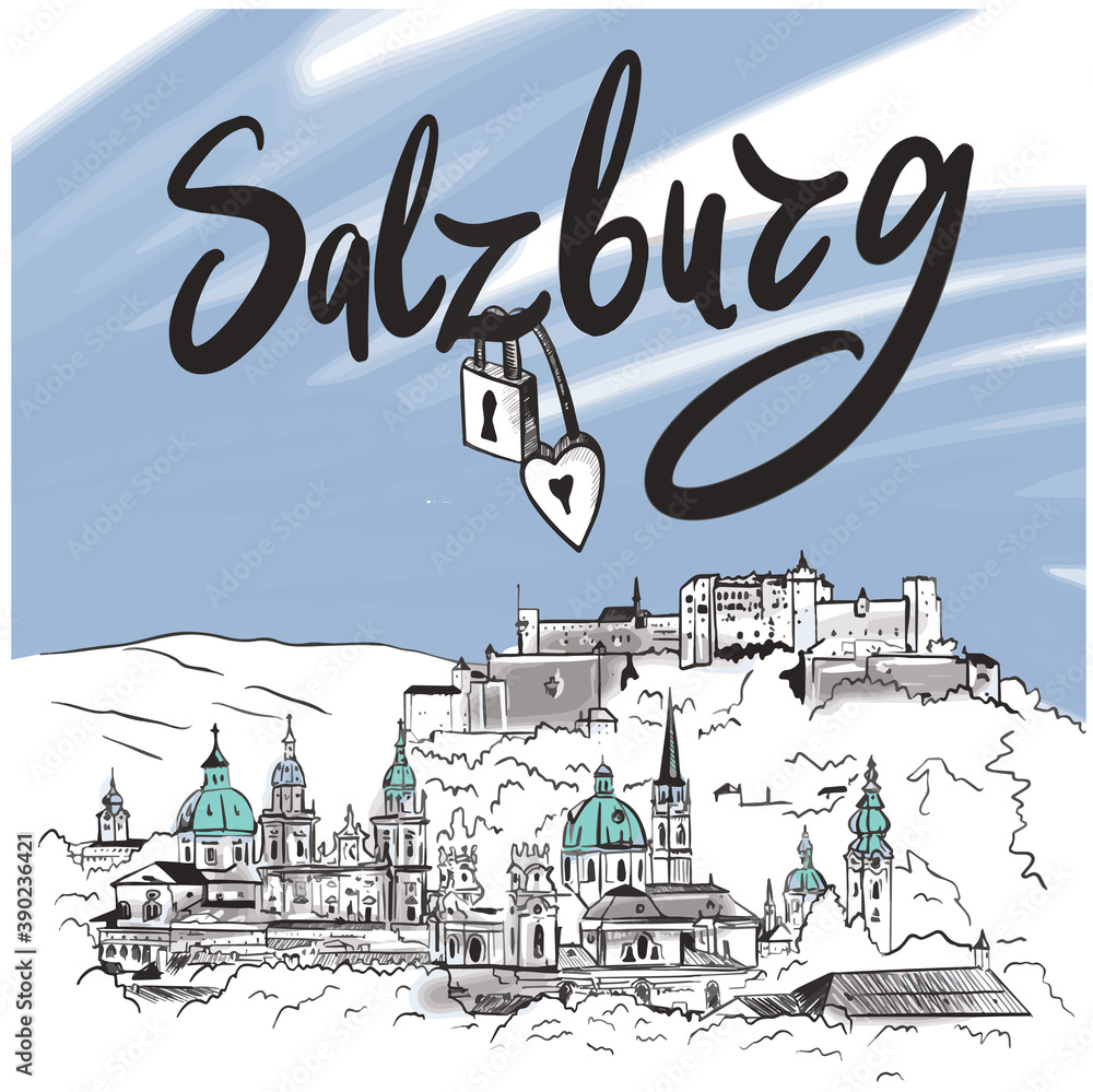 Naklejka premium Salzburg Fortress sketch. Salzburg hand drawn illustration isolated on white background. Vector illustration eps10.Hand drawn illustration for cards, posters, stickers and professional design.