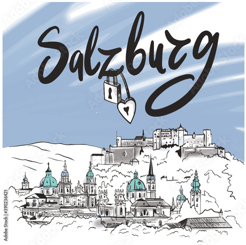 Salzburg Fortress sketch. Salzburg hand drawn illustration isolated on white background. Vector illustration eps10.Hand drawn illustration for cards, posters, stickers and professional design.