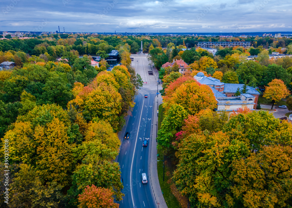 Winding road with traffic to the hill in Kaunas