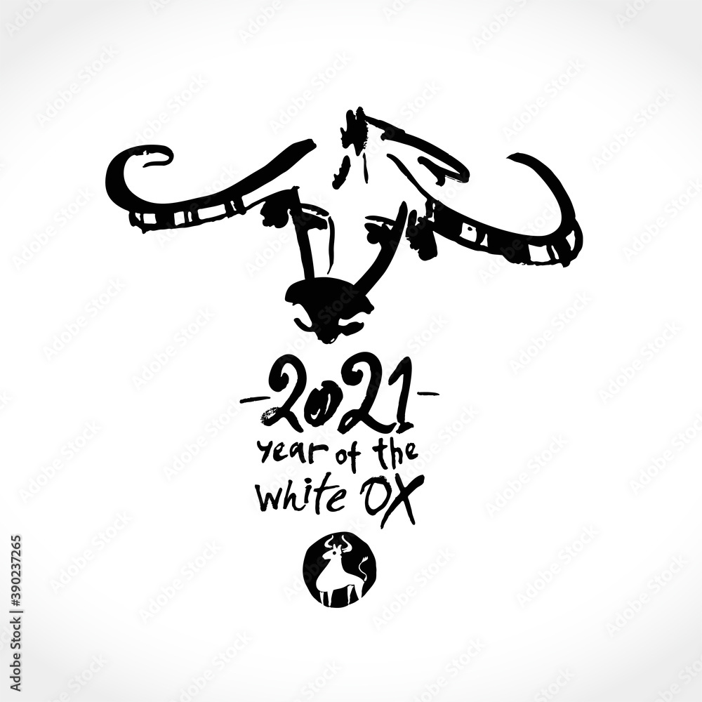 Naklejka premium Year of the white Ox in Chinese zodiac. Black ink brush calligraphy symbol of the year 2021. Vector element for New Year's design in flat style. Illustration of 2021 year of the Ox. 