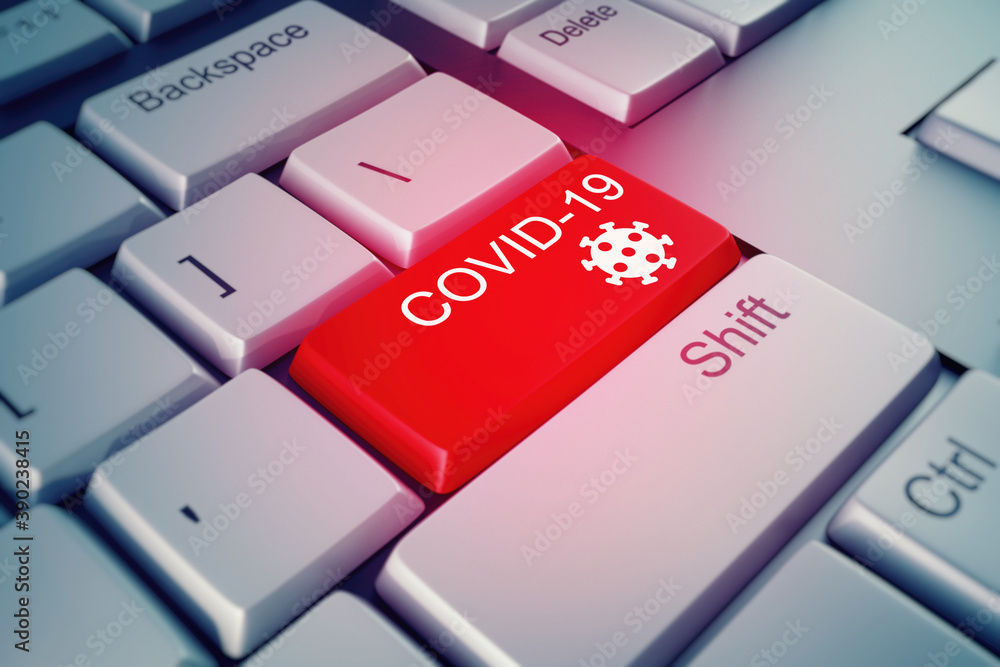 Close up of a keyboard key to be pressed in the event of a covid-19 alarm Close up of a keyboard key to be pressed in the event of a covid-19 alarm