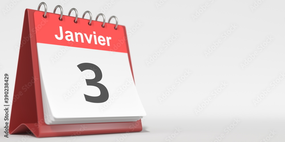 January 3 date written in French on the flip calendar page, 3d rendering January 3 date written in French on the flip calendar page, 3d rendering