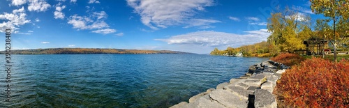 View of the Cayuga Lake from the East Shore Park at the town of Ithaca  New York 