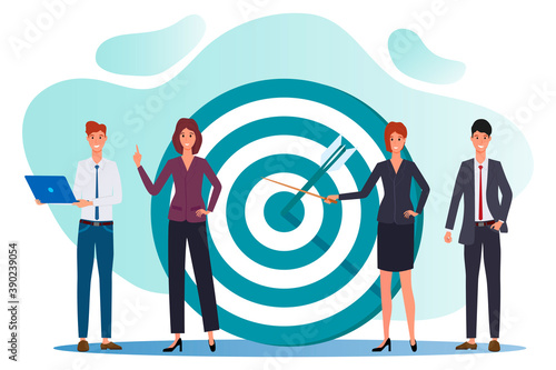 Businessmen discuss tasks and goals.People near the target with an arrow.A team that achieves a goal.The development objectives of the new project.Teamwork successful goals.Flat vector illustration .