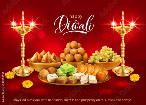 Happy Diwali background with gilt diyas and traditional sweets – laddu, gulab jamun, gujiya, halwa, barfi. Vector illustration. 
