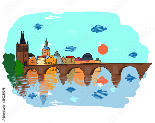 Colored vector illustration, The Charles bridge, Prague