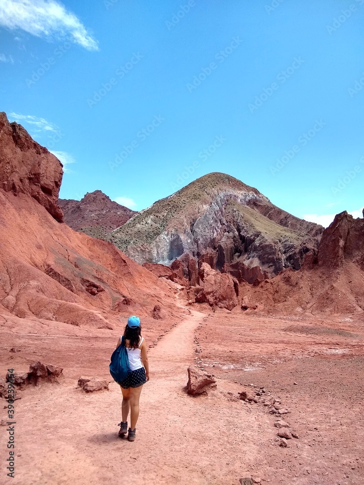 Girl - Yerbas Buenas, Valle del Arcoiris - Rainbow Valley, San Pedro de Atacama, Chile. Beautiful and colorful mountains in the Atacama desert, one of the driest places in the world. 