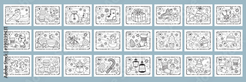 Christmas advent calendar. Set of coloring pages for kids. Vector.