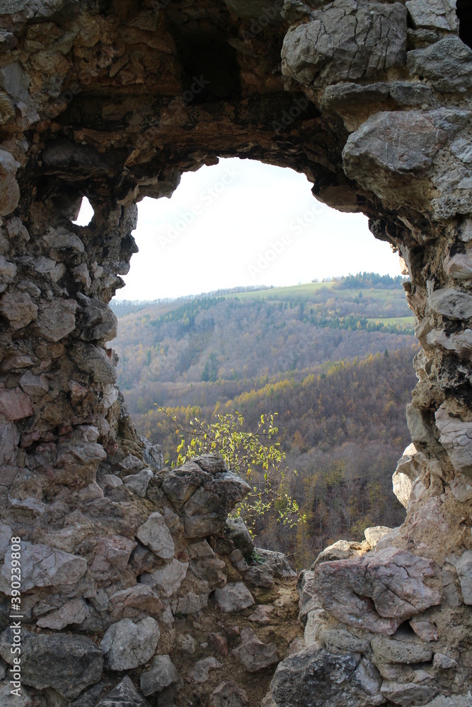 Ruins of Vrsatec castle in Vrsatske bradla mountain, west Slovakia