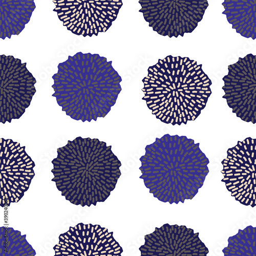 Vector seamless pattern, pom pom, bobble, dots in different blue shades. Repeating pattern.