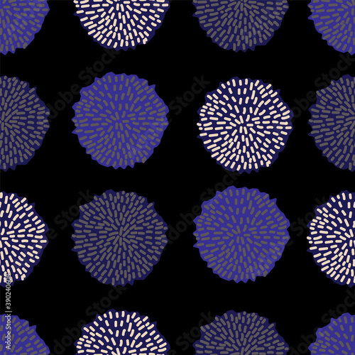 Vector seamless pattern, pom pom, bobble, dots in different blue shades. Repeating pattern.