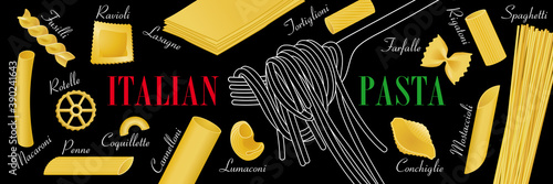 Affiche ou bannière pour des restaurants italiens spécialistes dans la cuisine des pâtes - image en couleur ou au trait blanc sur un fond de tableau noir.