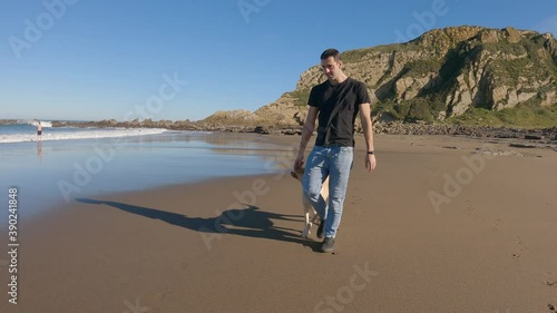 Labrador retriever dog walking along the beach with his owner one sunny summer morning