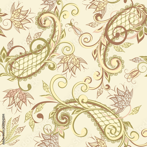 Abstract vintage pattern with decorative flowers, leaves and Paisley pattern in Oriental style.