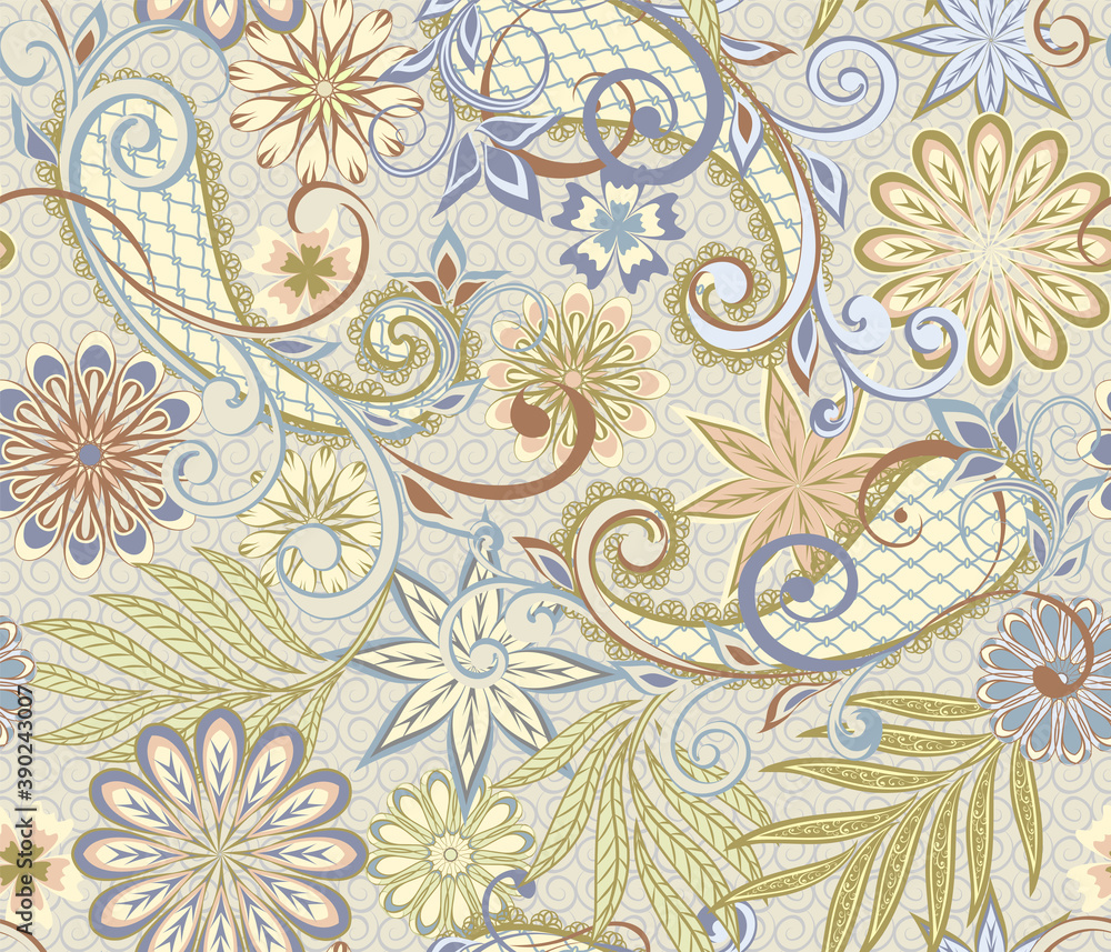 Fototapeta Abstract vintage pattern with decorative flowers, leaves and Paisley pattern in Oriental style.