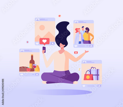 Girl sharing stories with life moments in social network. Successful blogger making post in internet. Social media influencer creating quality content. Vector illustration in flat design for web, app