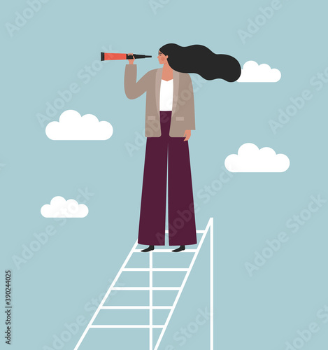 Business woman looking in a telescope standing on a ladder high in the clouds. Concept of search, vision, forecasting, future. Flat vector illustration. Female boss with strategic thinking