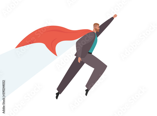Businessman superhero. Flying man dressed in a cloak and suit. Strong, powerful and successful male leader or boss. Concept of achievement, success at work. Isolated flat vector illustration