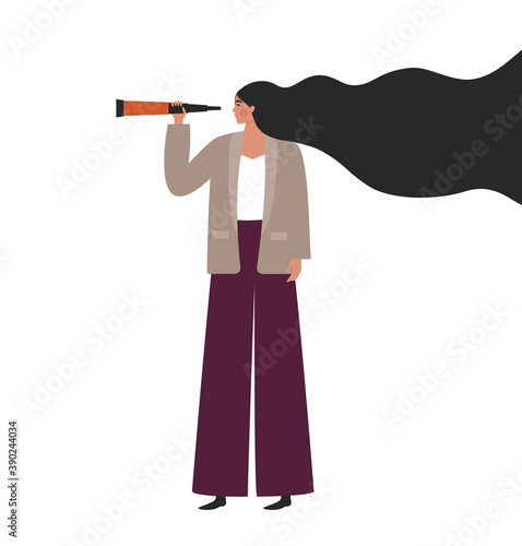 Business woman looking in a telescope. Concept of search, vision, forecasting. Flat vector illustration isolated on white background. Girl with binoculars looking for business opportunities, job
