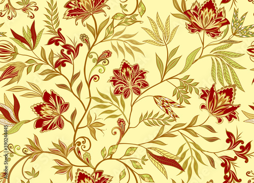 Abstract vintage pattern with decorative flowers, leaves and Paisley pattern in Oriental style.
