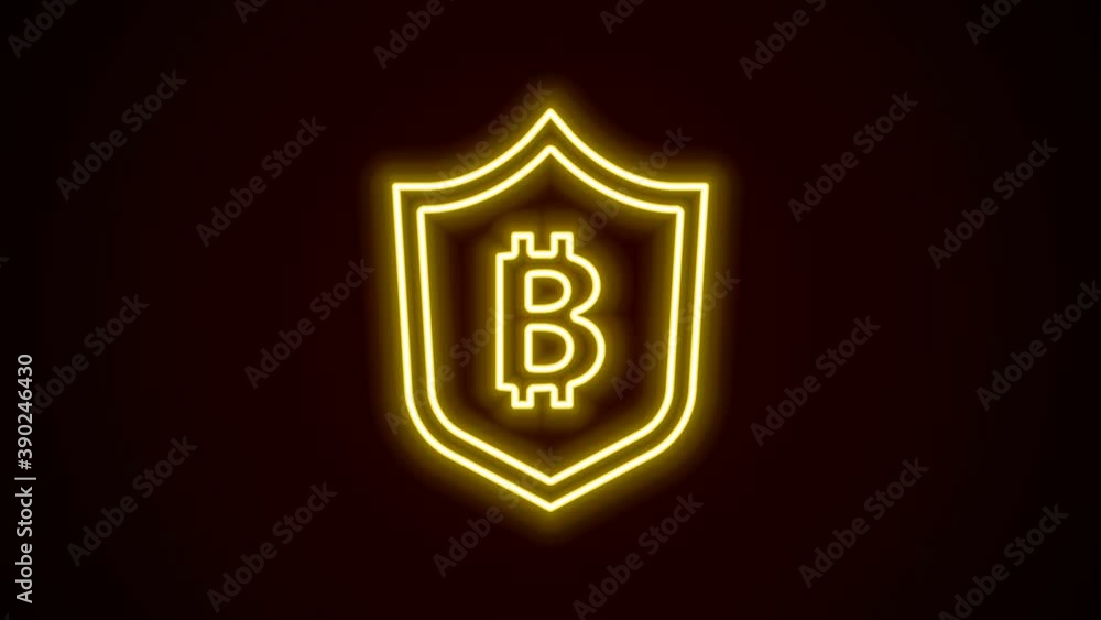 Glowing neon line Shield with bitcoin icon isolated on black background. Cryptocurrency mining, blockchain technology, security, protect, digital money. 4K Video motion graphic animation Glowing neon line Shield with bitcoin icon isolated on black background. Cryptocurrency mining, blockchain technology, security, protect, digital money. 4K Video motion graphic animation