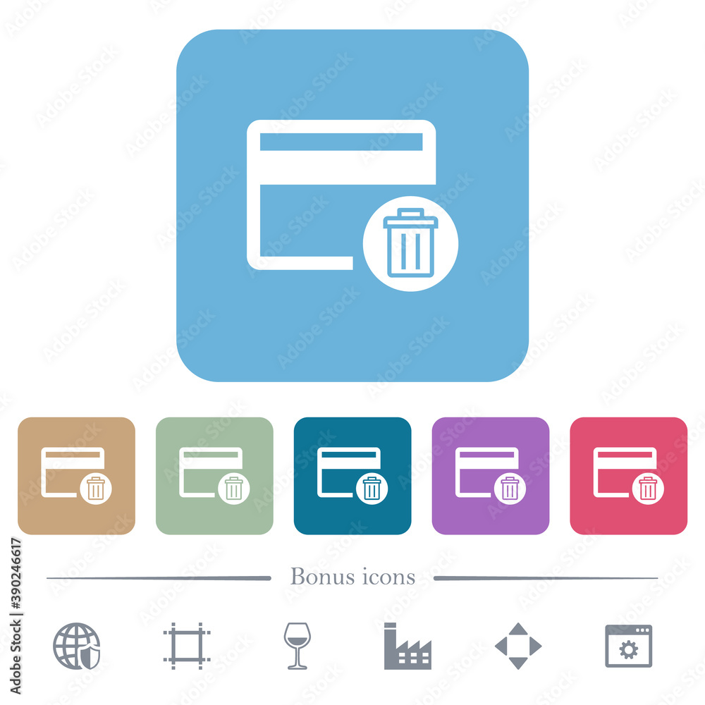 Delete credit card flat icons on color rounded square backgrounds Delete credit card flat icons on color rounded square backgrounds