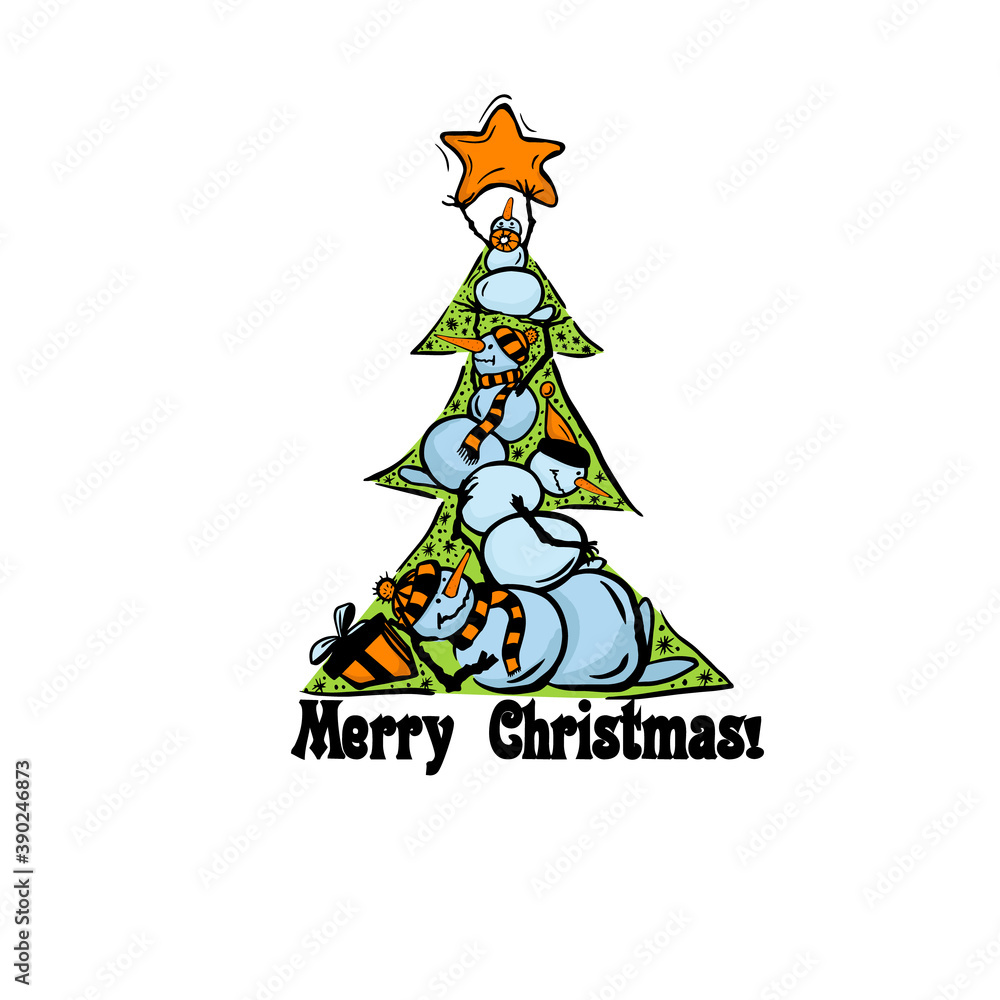 Merry Christmas card. Christmas tree made of snowmen. Vector illustration Merry Christmas card. Christmas tree made of snowmen. Vector illustration