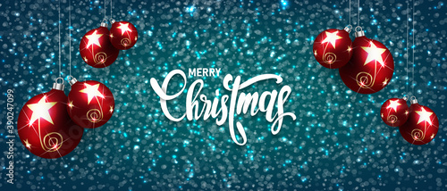 Christmas and New Year holiday background. Realistic Tree Branches and lights Xmas design, handwriting christmas font  © HSNKRT