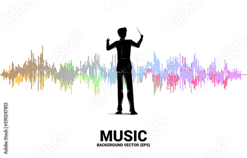 Vector silhouette of conductor standing with sound waves in background . Concept background for orchestra concert and recreation.