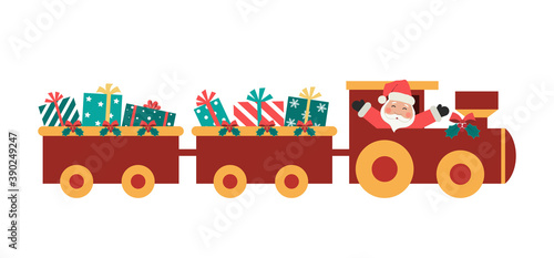 Christmas train with gifts. There is also Santa Claus in the picture. Vector illustration on a white background