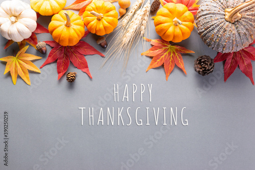 Happy Thanksgiving Day with maple leaves and pumpkin on grey background with text.