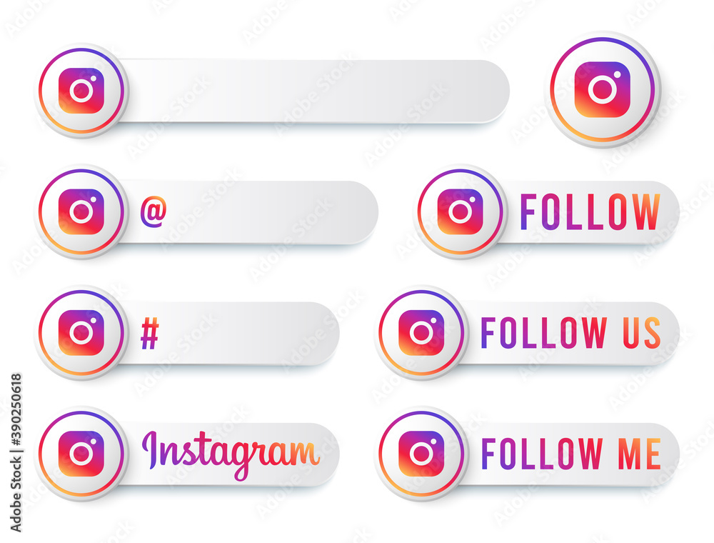 Instagram Buttons Collection with Multicolor Logo. White Social Media