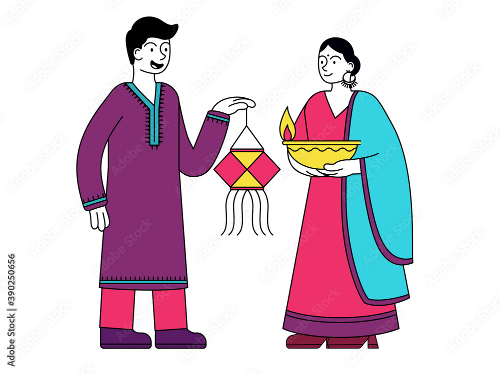 Indian couple giving gifts each other on Diwali Festival. The Festival of light is happy new year holiday in India. Cartoon vector illustration isolated on white background Indian couple giving gifts each other on Diwali Festival. The Festival of light is happy new year holiday in India. Cartoon vector illustration isolated on white background