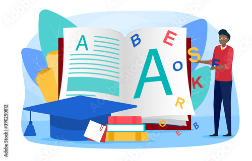Philologist web banner or landing page. Professional scientist studying a language structure. Philology and translation. Cartoon flat vector illustration with fictional character