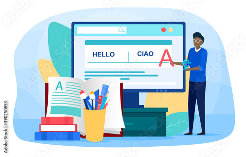 Translator and translation online service or platform. Polyglot translating document, books and speach. Online translator. Cartoon flat vector illustration with fictional character
