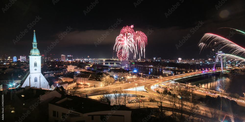 New Year Celebration. Fireworks on Danube River in Bratislava, Slovakia.