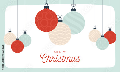 Christmas Card Retro style. Vector illustration New Year banner with Christmas balls. Decorative bauble in flat cartoon style with greeting lettering