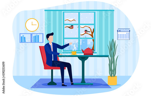 Man sitting at table, drinking coffee or tea and looking out of window. Interior of home apartment. Businessman have coffee break. Snowy weather outdoors in december month. Cartoon vector illustration