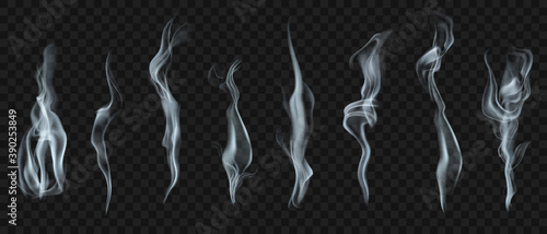 Set of several realistic transparent smoke or steam in white and gray colors, for use on dark background. Transparency only in vector format