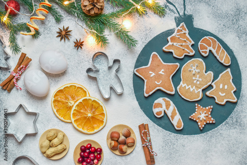 Ginger cookies with ingredients. Christmas composition.