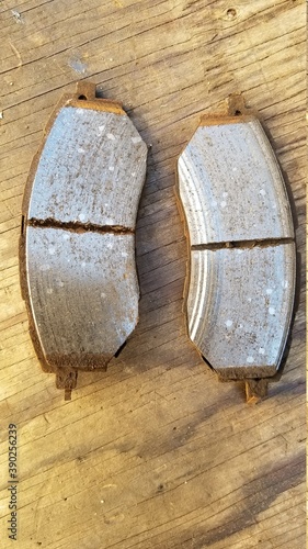 close up of old brake pads