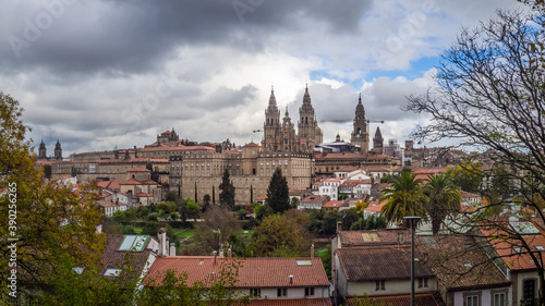 Closeup of the Cathedral of Santiago de Compostela in Spain on a rainy day