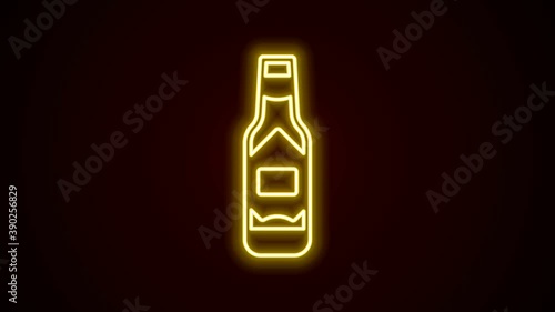 Glowing neon line Tabasco sauce icon isolated on black background. Chili cayenne spicy pepper sauce. 4K Video motion graphic animation