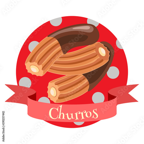 Churros traditional Spanish dessert. Colorful illustration in cartoon style.