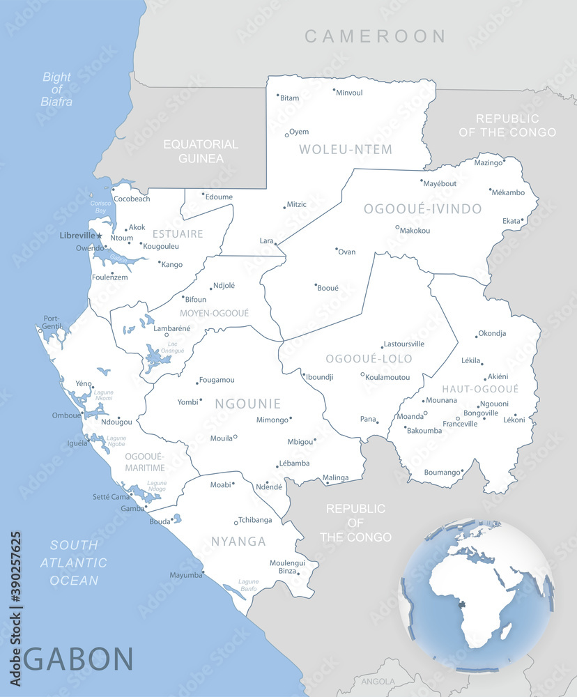 Blue-gray detailed map of Gabon administrative divisions and location on the globe. Vector illustration